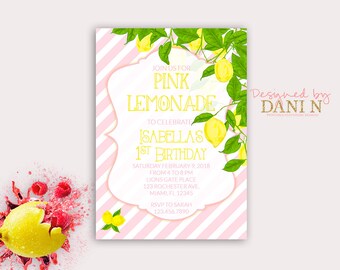 Pink Lemonade Birthday Invitation, Pink Stripes, Yellow lemonade party, Floral Birthday Invite, Pink and Yellow Picnic, Lemon Stripes, DIY