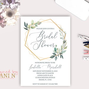 Bridal Shower, leaf greenery invitation, Elegant Bridal Party, Botanical dinner, bachelorette Gold Green Shower Summer tropical greenery image 1