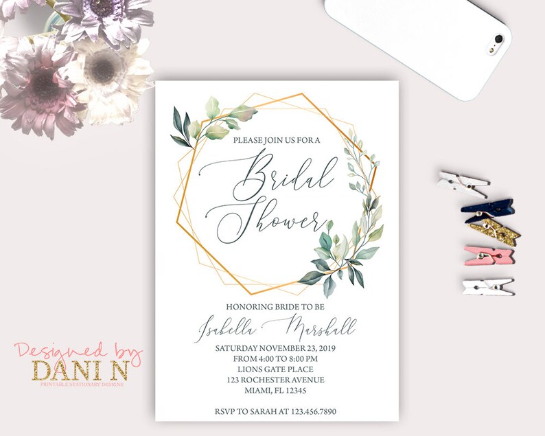 Bridal Shower, leaf greenery invitation, Elegant Bridal Party, Botanical dinner, bachelorette Gold Green Shower Summer tropical greenery image 1