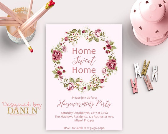 Home Sweet Home, Floral Housewarming Invitation, House Warming Party Invite, Roses Pink Housewarming, New Open House Invite, Elegant Party Il_570xn