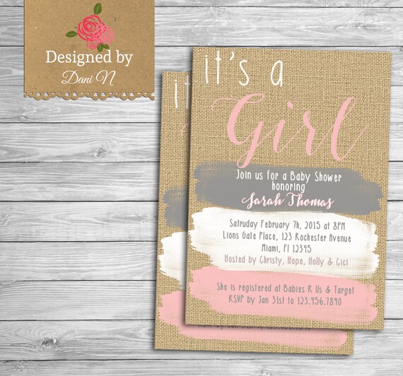 Baby Shower invite, rustic burlap invitation, paint strokes, pink and grey shower party invite, its a girl shower, its a boy shower Il_570xn