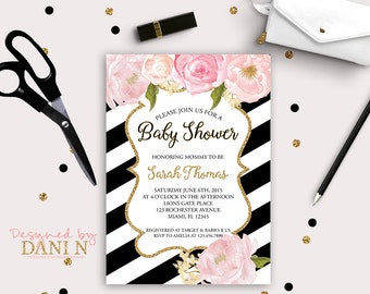 Floral roses baby shower Invitation, romantic garden invite, black stripes invitation, printable, shabby gold glitter diy, floral invite