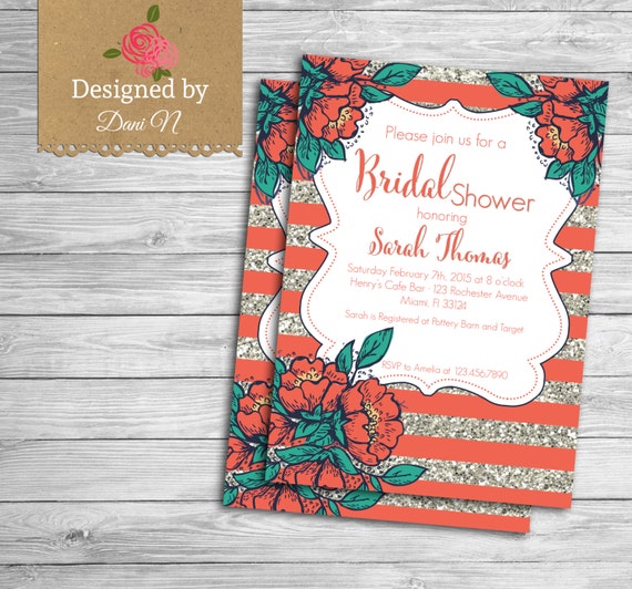 Bridal Shower party invitation, coral and silver glitter, bridal invite, engagement, floral, shabby and elegant party printable Il_570xn