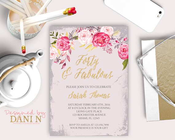 Adult Birthday Invitation, 50th invite Gold glitter, Pink floral party, Gray 30th Birthday invite, 40 Birthday Invitation, Printable DIY Il_570xn