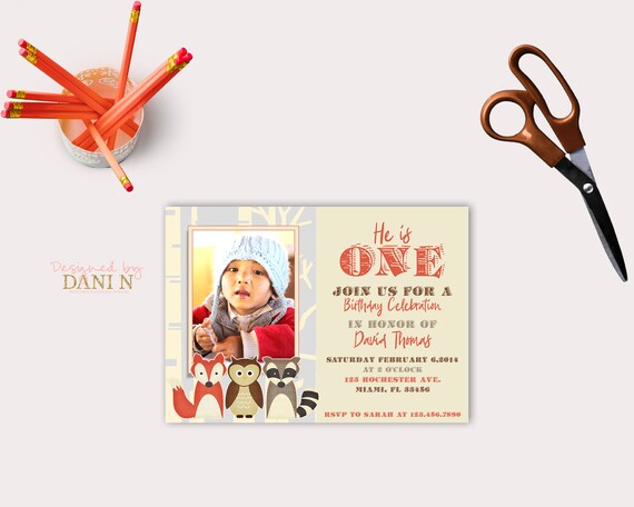 woodland birthday Invitation, Girl, Boy fox, raccoon party invite, Fox, vintage, orange, gray, brown, photo owl party, woodland animals Il_570xn