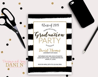 Graduation Invitation black and white Stripes , Gold grad invite party, class of 2021, college grad, Grad Party Decor, Announcement