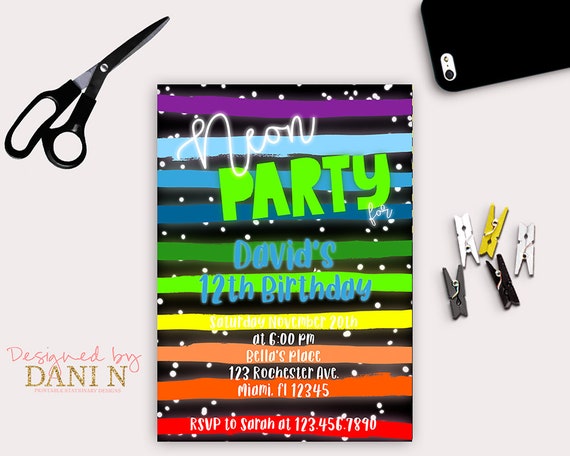 Neon party invite, Boy disco invitation, glow in the dark birthday, blacklight party invite, Glow party invitation, teen birthday Il_570xn