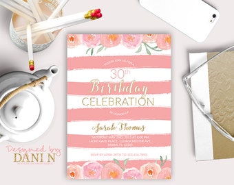 Birthday Invitation, 30th invite pink floral roses, 50th Birthday celebration, 40 Birthday party, any age invitation, Printable DIY