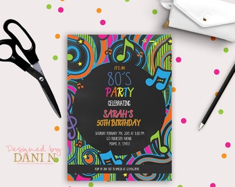 80's Birthday Invitation, Disco party, Neon Birthday invite, 1980's Birthday party, 60 Invitation, 50th birthday, 40th adult printable diy