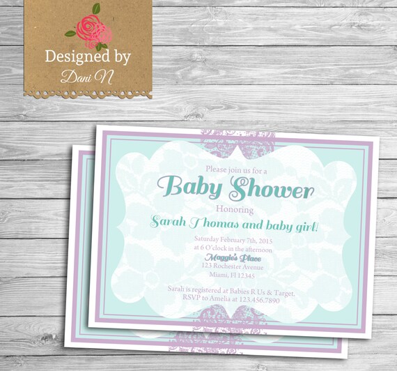 baby shower Invitation, purple and teal lace baby shower, Chiq lace baby shower, printable, elegant invitation, bridal shower Il_570xn