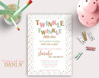 mint and pink twinkle twinkle birthday invitation, gold glitter birthday invite, printable party, twinkle twinkle little star party girl diy