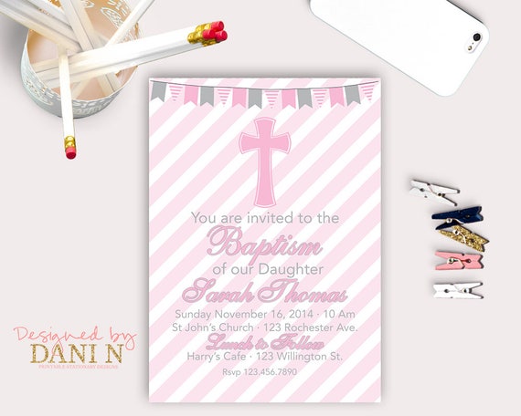 Pink Baptism Invitation; Christening, catholic baptism; Bautizo, Pink Stripes Cross Baptism Party, Pink and gray Invitation, Banner Grey Il_570xn