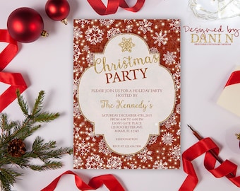 Burlap Holiday Invitation, red and gold Christmas Party Invite, snowflakes glitter Christmas Party Invite, xmas party, Printable DIY