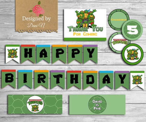 Ninja Turtle Birthday Party Package, TMNT bundle, birthday banner, Thank you cards, Cupcake topper, water labels Il_570xn