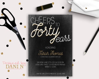 40th Birthday Invitation, elegant black and gold invite, vintage chic, 50 Birthday party, 60 Invitation, Printable DIY, adult party