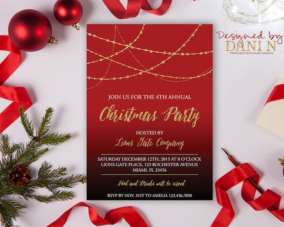 christmas party invitation red black gold holiday etsy