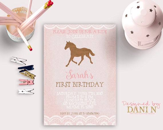 Horse Rustic Birthday invitation, Derby pink burlap lace horse riding invite, pony birthday, kids birthday, girl invite printable diy Il_570xn