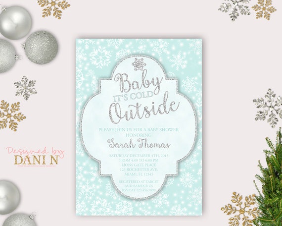 Baby Its Cold Outside Shower Invite Silver Glitter Neutral Party 