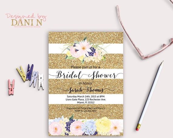 Gold Glitter Bridal Shower Party Invitation, Floral party invite, Bachelorette party Invite, Floral Shower, wedding shower invitation Il_570xn