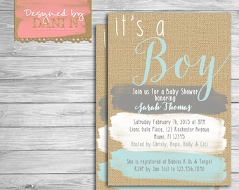 Baby Shower invite, rustic burlap invitation, paint strokes, blue and grey shower party invite, baby boy shower, its a boy shower