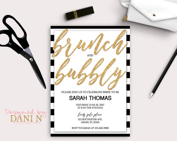 Bubbly brunch Invitation, Black and gold bridal shower, stripes modern invite, gold glitter, modern Elegant bachelorette printable diy Il_570xn