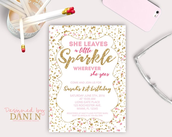 Sparkle Pink and Gold Birthday Party INVITATION, Confetti sparkle printable invite, princess, she leaves a little sparkle wherever she goes Il_570xn