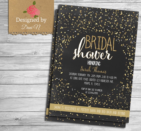 Bridal Shower party invitation, confetti, gold and chalkboard, bridal invite, BACHELORETTE party, black and gold, confetti party printable Il_570xn