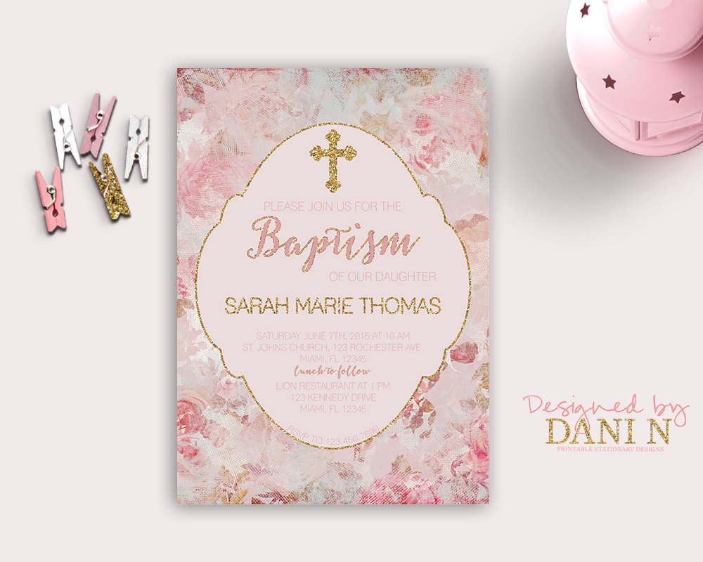 Pink and gold floral Baptism Invitation; Christening, catholic baptism; girl vintage spring baptism invitation, Bautizo, printable diy Il_570xn