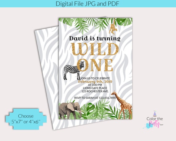 Wild One Jungle Birthday Invitation, Wild Animals Invite, Jungle Safari First Birthday, Gray green safari, evite, ready to print Il_570xn