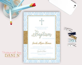 Damask Baptism Invitation; blue boy Christening, catholic baptism; blue and gold glitter baptism invitation, Bautizo, printable diy