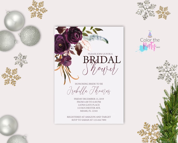 Plum bridal shower invitation, Purple wedding, Winter shower invite, bridal party invite, plum gray invitation, winter fall shower party Il_570xn