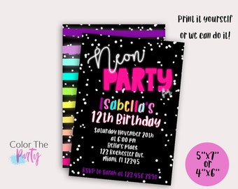 Glow in the dark Invitation, Neon birthday party invitation, glow in the dark birthday, Girls neon rainbow glow, blacklight party invite,