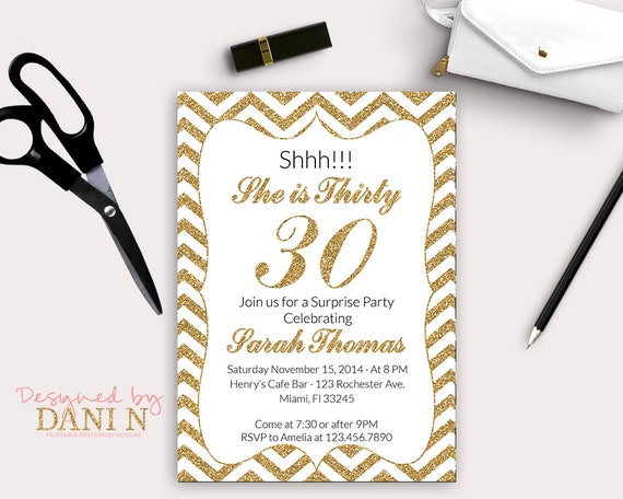 30th Birthday INVITATION, Chevron Gold glitter, Stripes 50th invitation, 40 Birthday invite, 60 Gold Party, Surprise Bday, Adult party Il_570xn