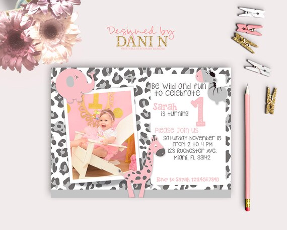Girl Jungle safari Birthday invitation, Giraffe and elephants jungle party, animals printable birthday party, pink and grey, Photo Il_570xn