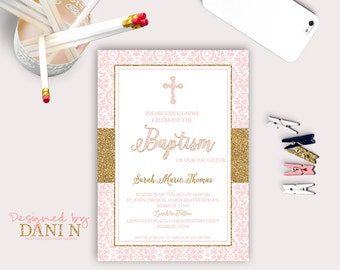 Baby girl Baptism Invitation; Christening Invite, Printable baptism; pink baptism invitation, Girls Baptism invites, Damask first communion