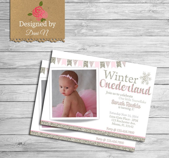 winter onederland Birthday INVITATION, glitter sparkle printable invite, winter wonderland party / printable pink and silver invite, photo Il_570xn