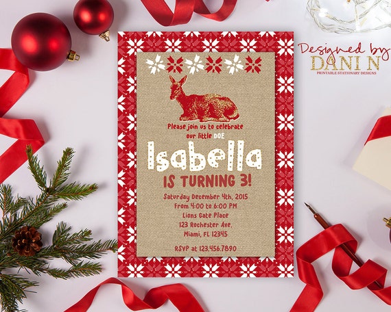 Winter Deer Birthday Invitation, Doe Party, Deer Christmas Holiday Invite, Red White Rustic Invitation, Holiday Baby Shower, First Birthday Il_570xn