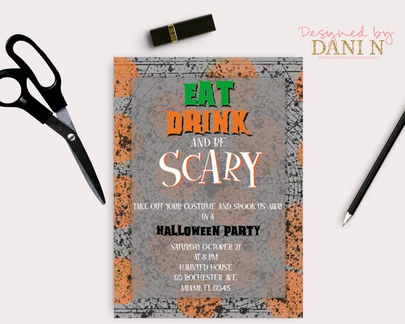 Costume Party invitation, halloween Haunted House, halloween celebration, Spooky Treat or trick, costume party, black orange, printable Il_570xn