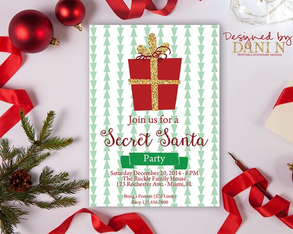 secret santa party invitation glitter christmas party invite gift