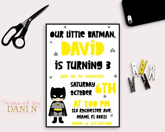 Batman Birthday Party INVITATION, black and yellow minimalist invitation, superhero, Justice league Dark Knight party invite, Superheroes Il_570xn