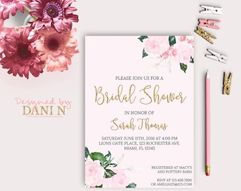 Pink and Gold Bridal Shower Invitation, Pink Floral Invite, Roses invitation, printable, Bridal Engagement, Gold Glitter, Pink elegant