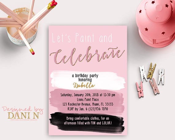 Art Party, Pink and gold girl birthday, painting party, white black strokes, girl art invite, birthday invitation, artist party first bday Il_570xn
