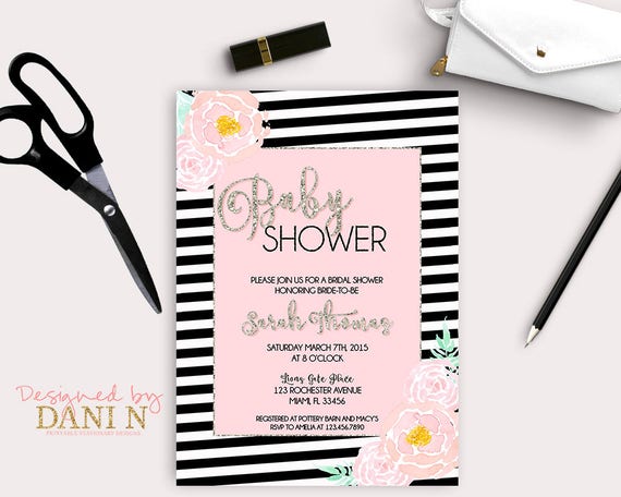 Stripes Baby Shower Invitation, Floral Pink Roses Chanel Baby Shower Invite, Pink and Silver Glitter its a girl Party, Black elegant invite Il_570xn
