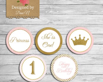 Princess Birthday Cupcake topper Instant Download, Pink and gold glitter sparkle printable party, Any Age Birthday