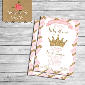 Princess baby shower Invitation, pink and gold Royal Crown invite, Little Princess baby pink Party, chevron Its a girl shower invite image 1