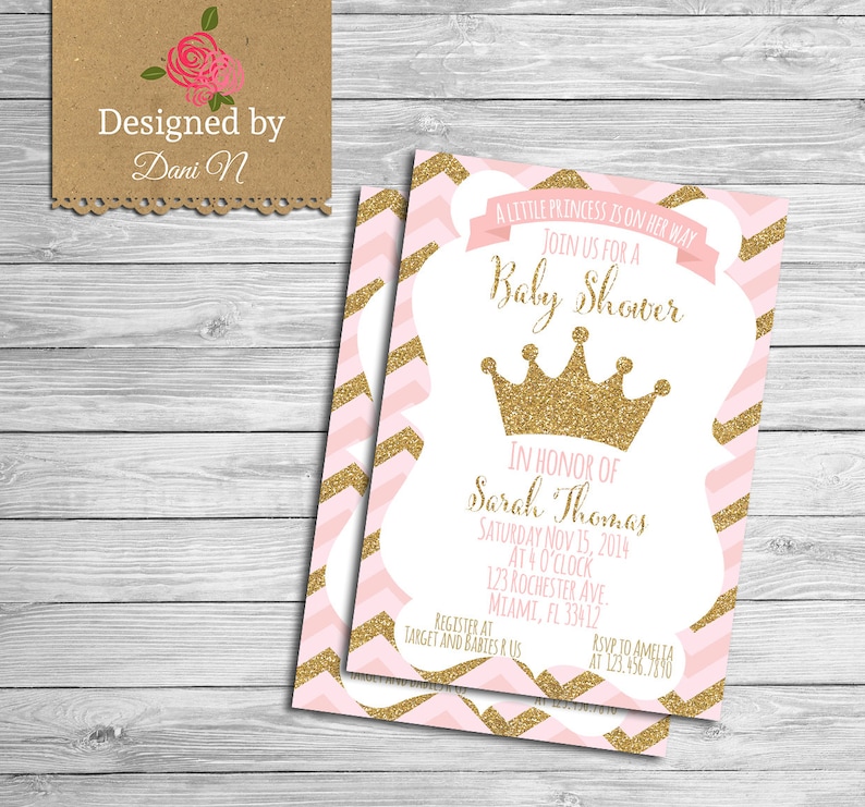 Princess baby shower Invitation, pink and gold Royal Crown invite, Little Princess baby pink Party, chevron Its a girl shower invite image 1