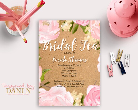 Tea Party Invitation, bridal tea, brunch Floral Bridal Tea Shower Invitation, Kraft Tea Party, Pink Roses, Elegant Rustic, Tea for two Il_570xn