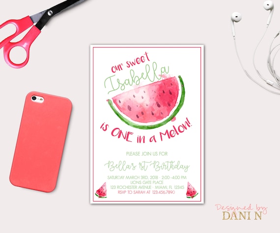 Watermelon invitation, evite, birthday invitation, summer party, fruits birthday party invite, fruit of the loom, summer birthday, picnic Il_570xn