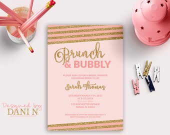 Bridal Shower Invitation, Brunch & Bubbly Bridal Shower, Stripes Bridal Shower Invite, Glitter Invitation, Pink and gold glitter elegant