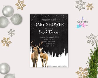 Winter Baby Shower Invitation, Woodland baby shower invite neutral Forest animals wonderland baby shower boy girl chalkboard deer invitation
